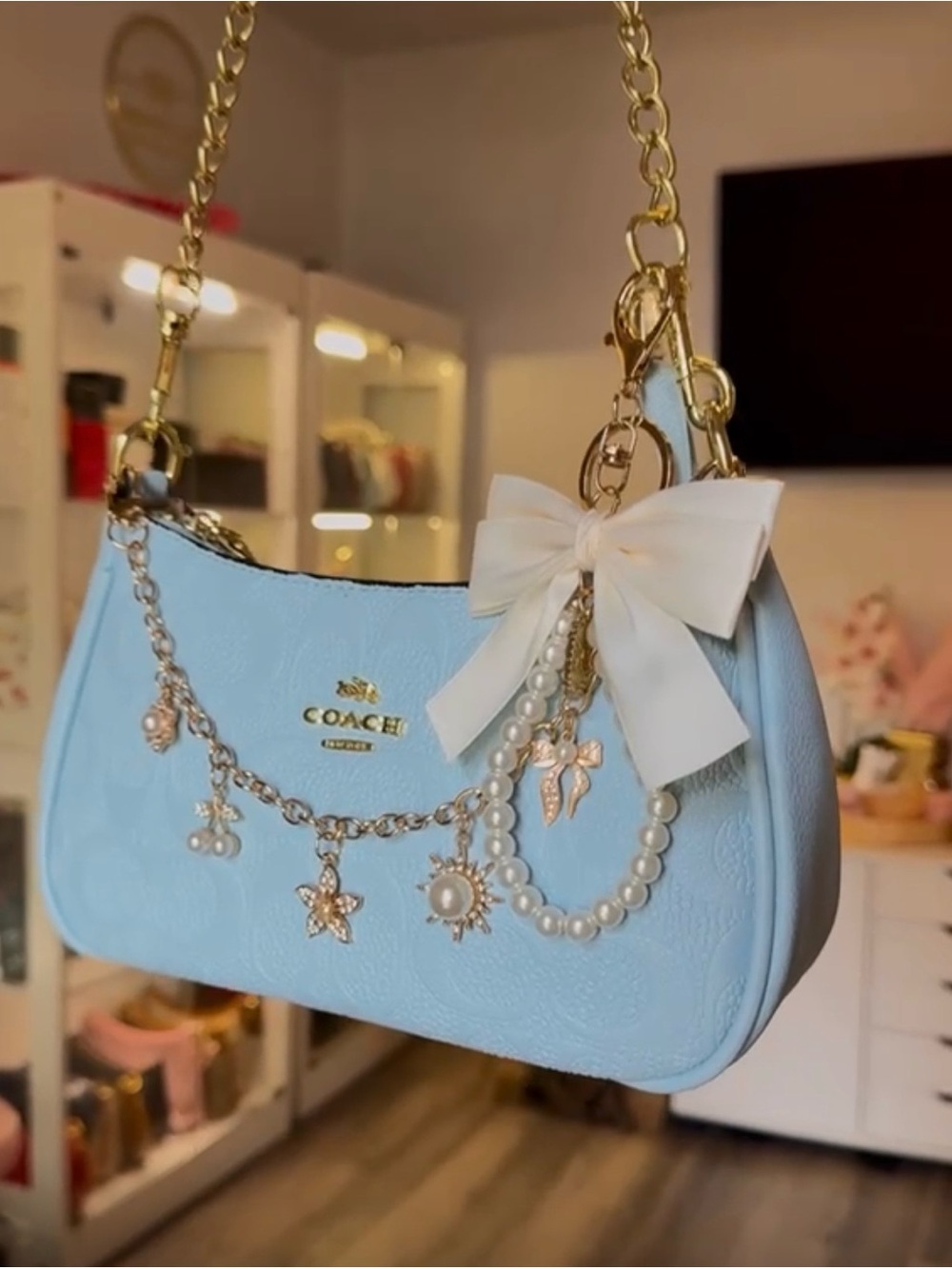 Coach Light Blue Mini Shoulder Bag with Pearl & Bow Charms